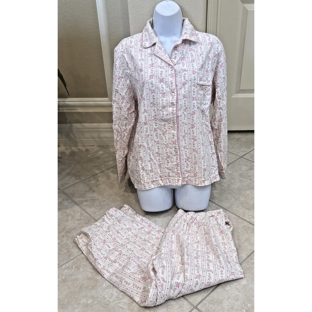 VTG 80s Damea 2 Piece Pajama Set Sz 40/L White Pink Floral Flannel Cottagecore
